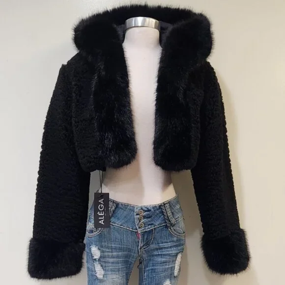 💋CHIC & SEXY💋Lux Black Vegan Shearling Lamb & Fox Fur Hoodded Crop Jacket - Picture 15 of 16